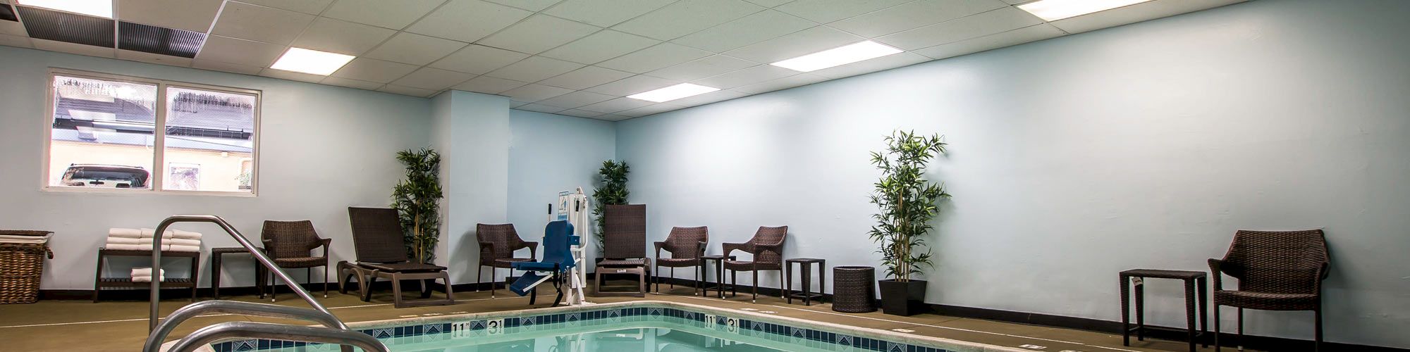 Indoor swimming pool area with chairs and plants along the walls; overhead lights and a small window are visible.