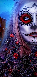 A person with Day of the Dead makeup holds a bouquet of dark flowers. The background features a pumpkin, a lantern, and a spooky house.