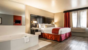 A hotel room with a large bed, bright red accents, a bathtub near the bed, and a window with curtains. The floor appears to be hardwood.